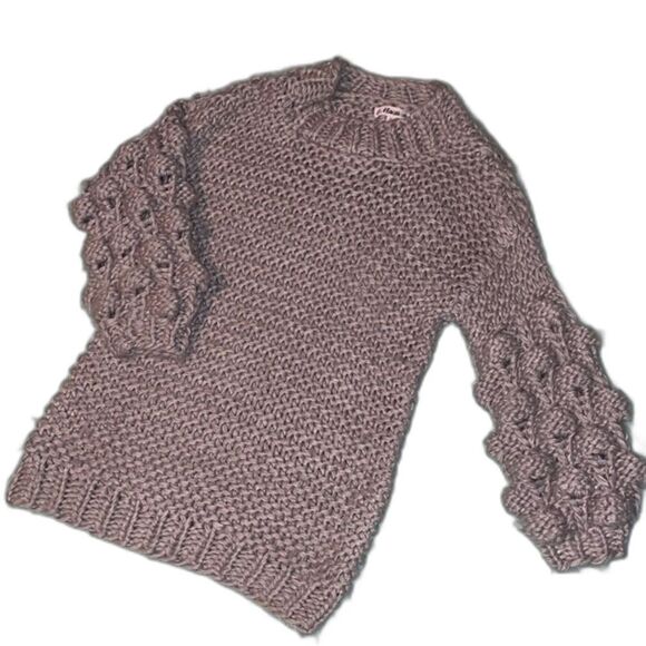 Macaron gray bubble-sleeve knit soft sweater Small BOHO grey hand knit Pom Pom - Picture 2 of 16